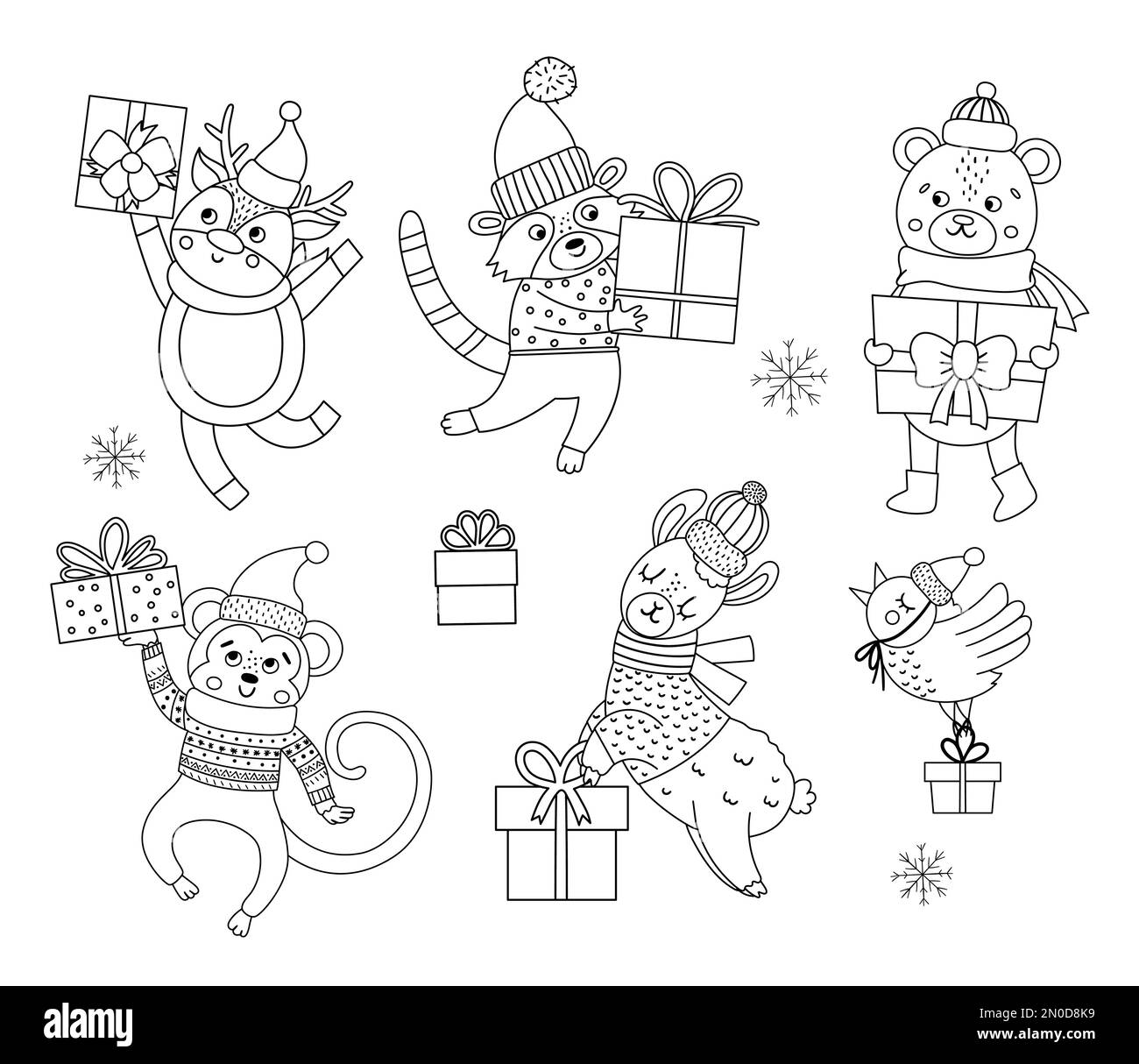 Cute black and white vector animals in hats, scarves and sweaters with presents and snowflakes. Winter set of with gifts. Funny Christmas coloring pag Stock Vector