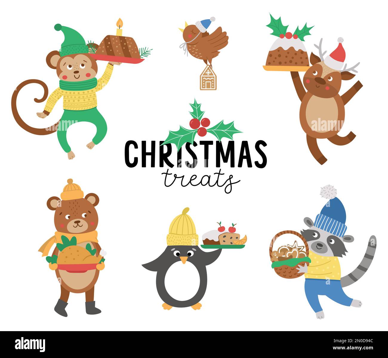 Cute vector animals in hats, scarves and sweaters with traditional Christmas dishes. Winter set of characters with food. Funny Christmas card designs. Stock Vector