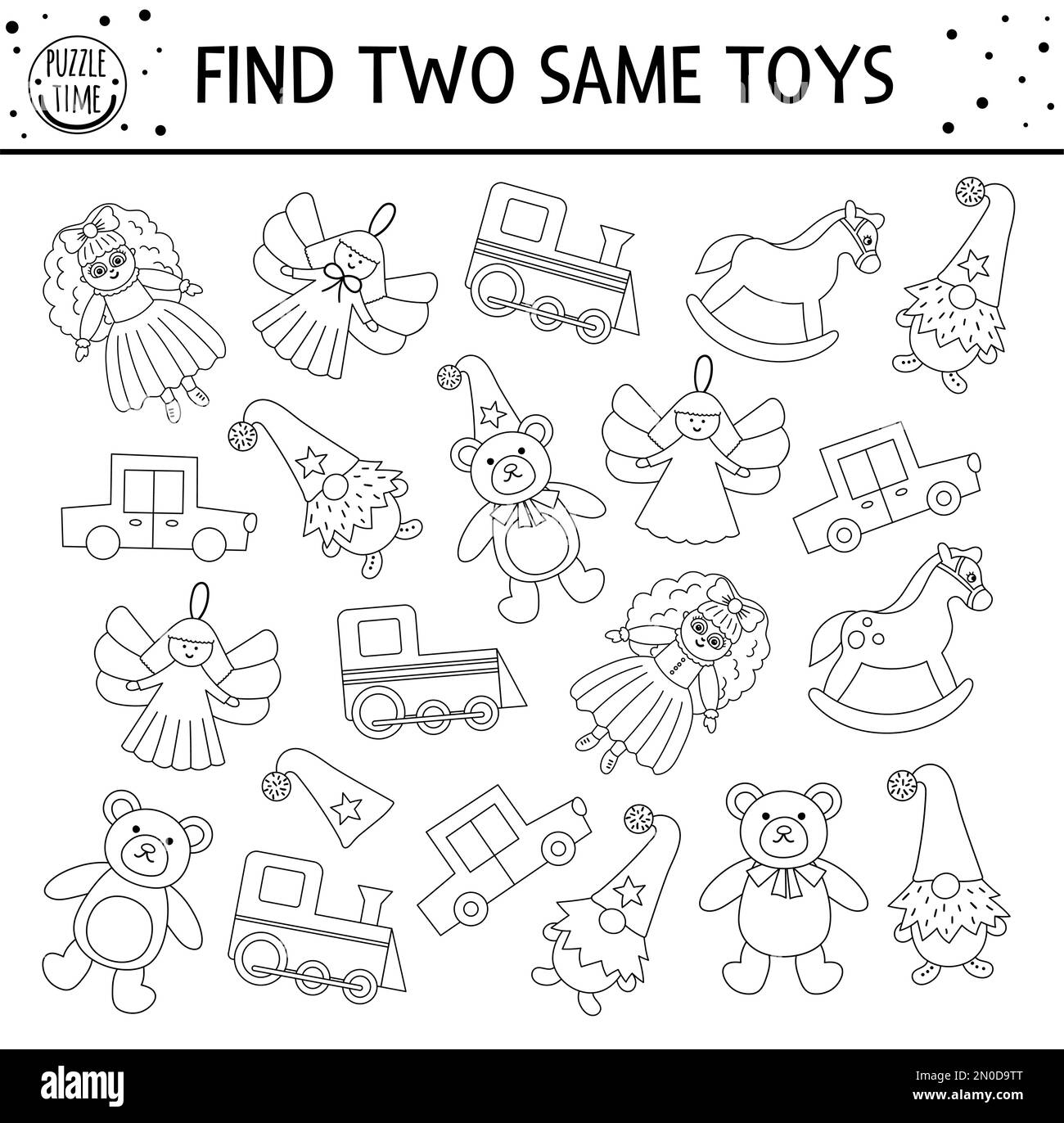 Find two same toys. Black and white Christmas matching activity for children. Funny educational winter logical quiz worksheet for kids. Simple printab Stock Vector