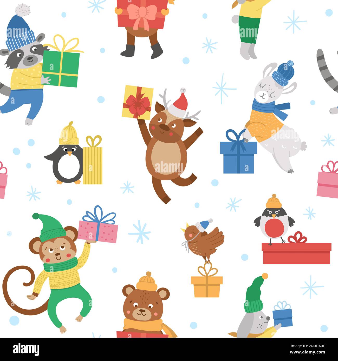 Cute vector seamless pattern with animals in hats, scarves and sweaters with presents and snowflakes. Winter funny background. Christmas digital paper Stock Vector