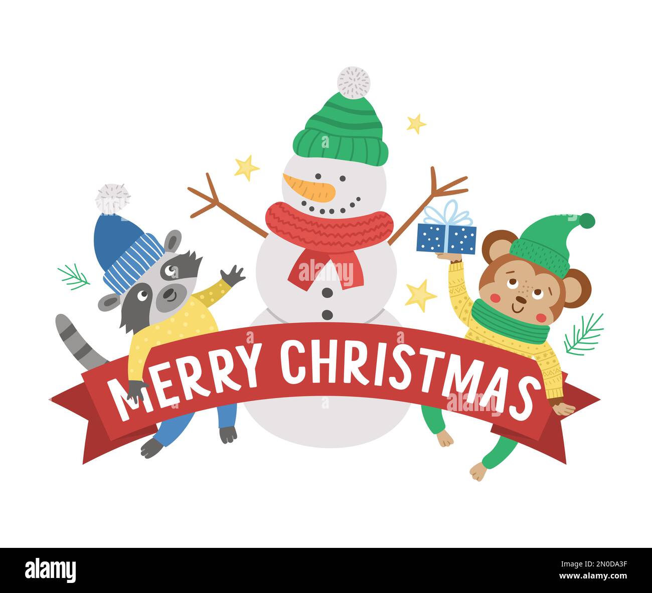 Vector Merry Christmas composition with text, snowman, raccoon, monkey ...