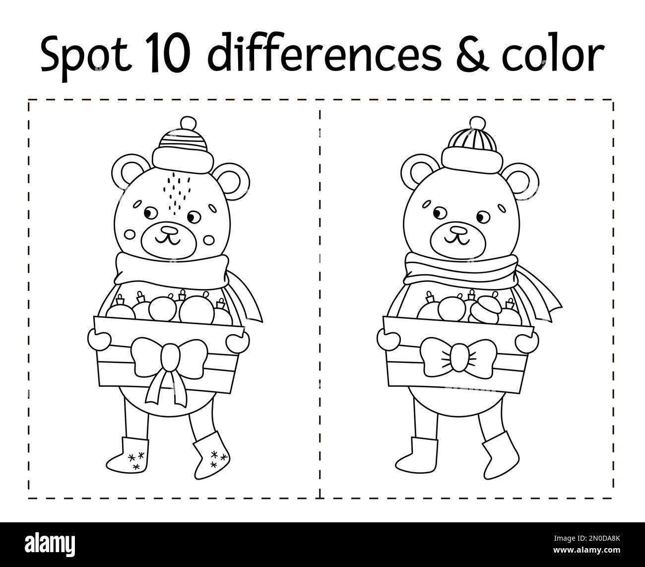 Christmas find differences and color game for children. Winter black and white educational activity with funny bear. Printable worksheet with smiling Stock Vector