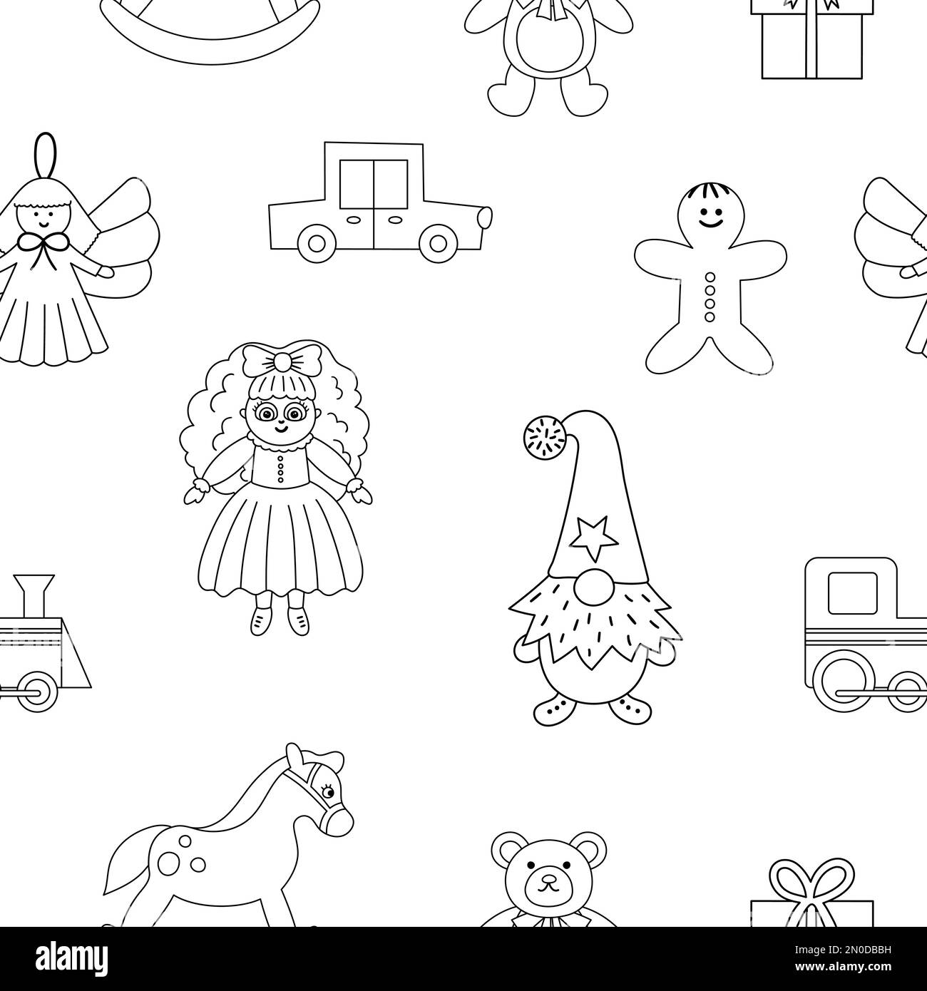 Cute black and white seamless pattern with Christmas toys. Vector line background with New Year gifts for kids. Digital paper with Santa Claus present Stock Vector