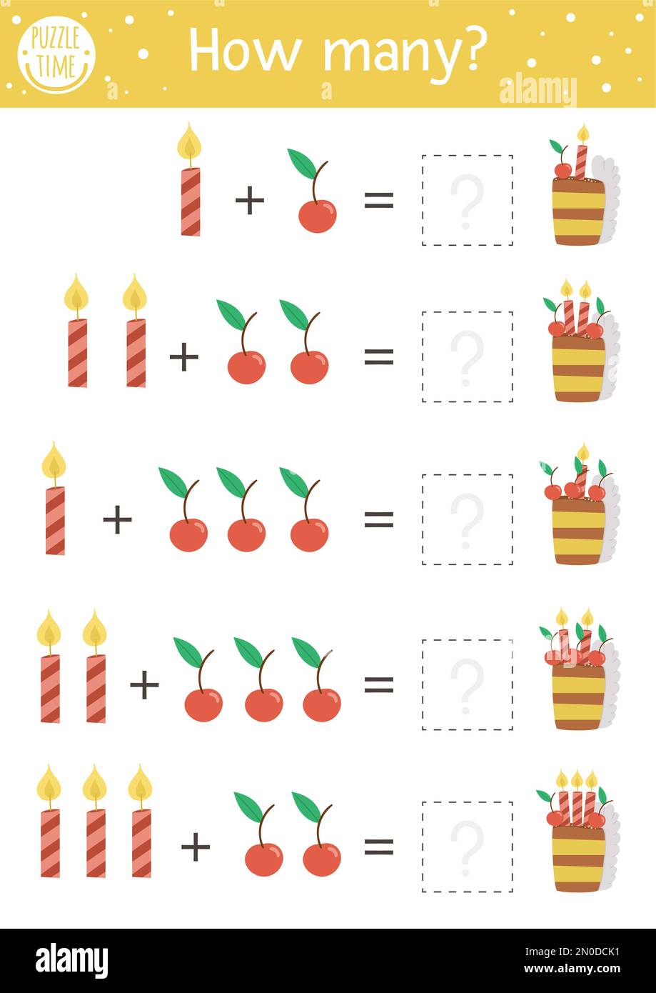 Birthday counting game with cake and candles. Holiday number