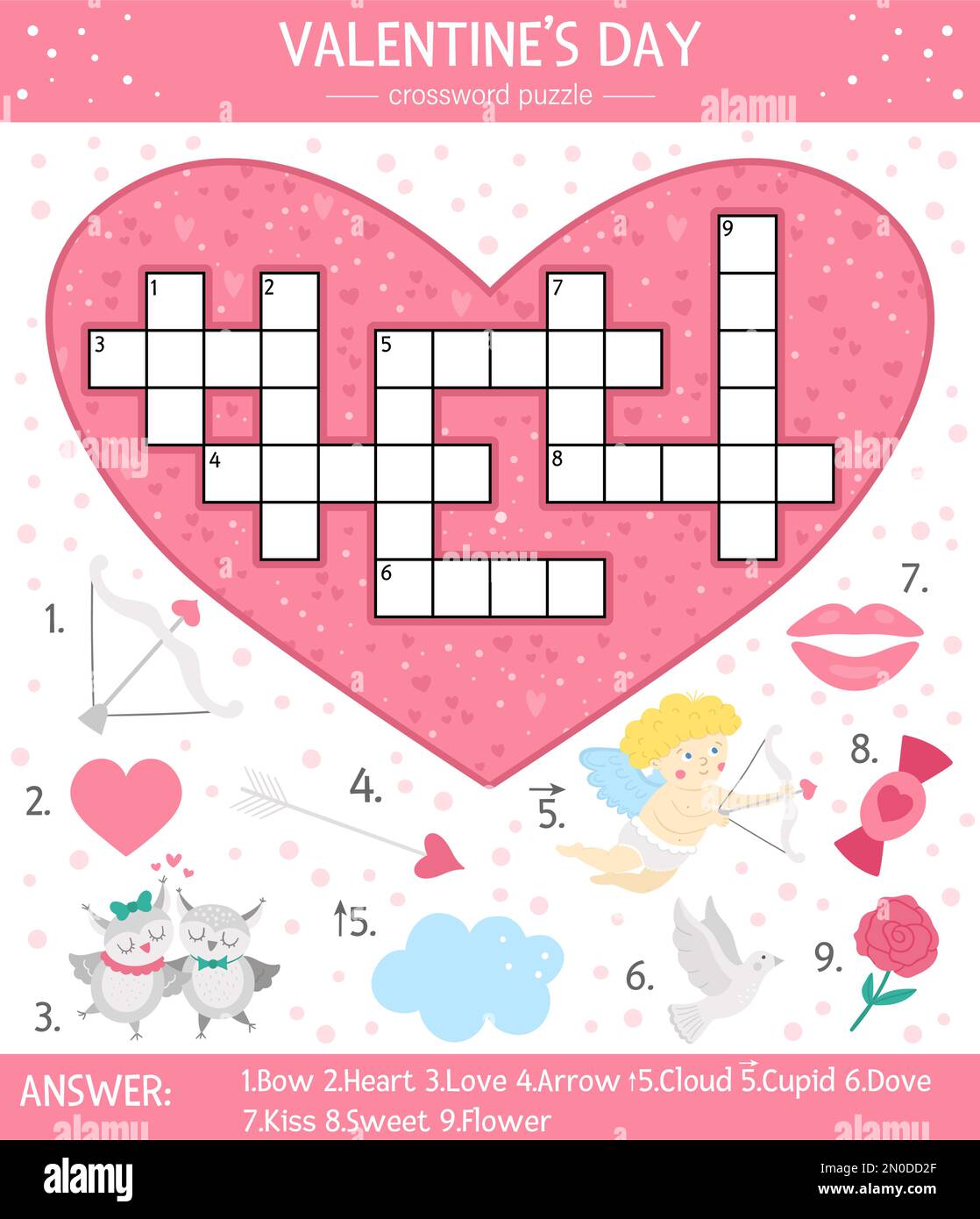 Vector Saint Valentine day crossword puzzle for kids. Simple heart shaped quiz with holiday objects and animals for children. Educational activity wit Stock Vector