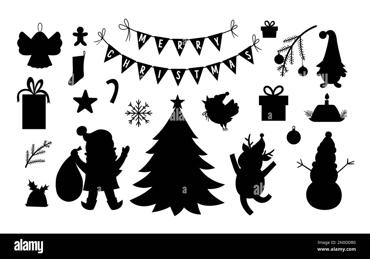 Vector set of black and white Christmas silhouettes with Santa Claus