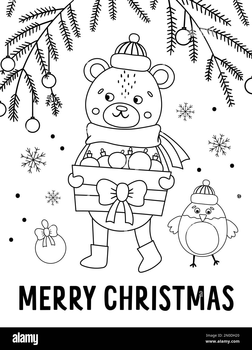 Vector black and white bear in hat and scarf with box of Christmas balls and fir tree twigs. Cute winter animal line illustration. Funny Christmas car Stock Vector