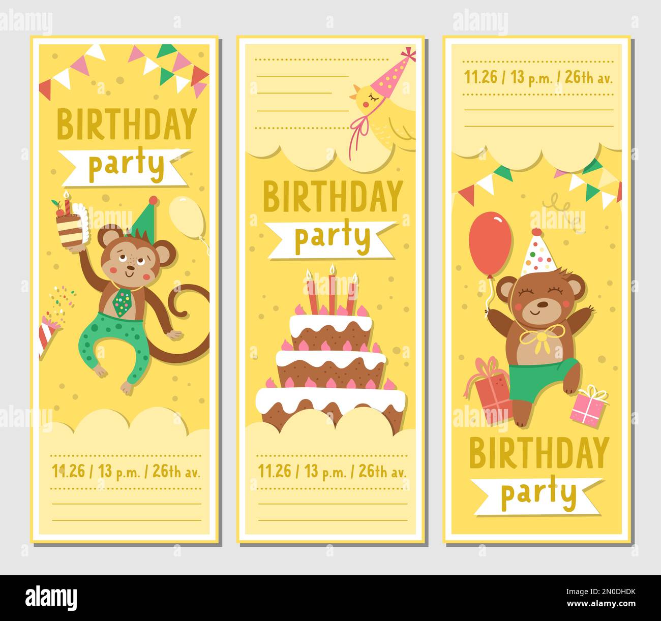 Set of Birthday party greeting card templates with cute animals