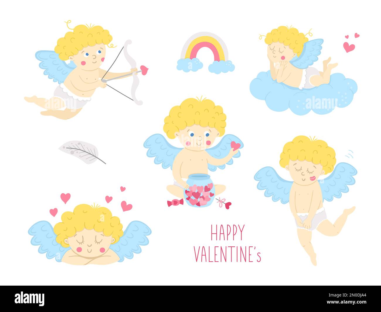 Vector collection of cute cupids. Set with funny Valentine’s day characters. Love angels with wings, bow and arrow, lying on a cloud, eating heart sha Stock Vector