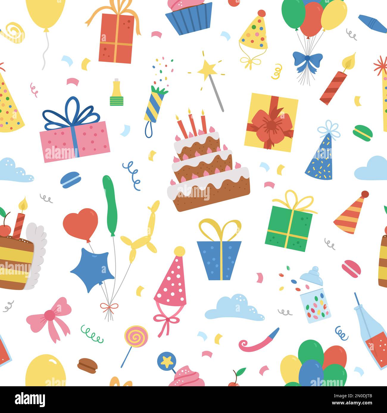 Birthday Background Pattern Vector seamless pattern with cute happy Birthday design elements. Party ...