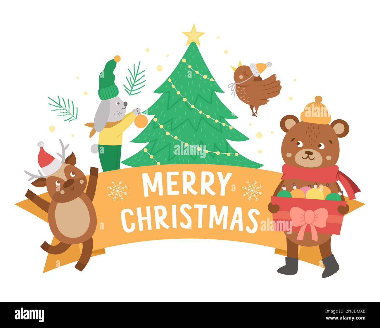 Vector Merry Christmas composition with text, cute animals, fir tree ...
