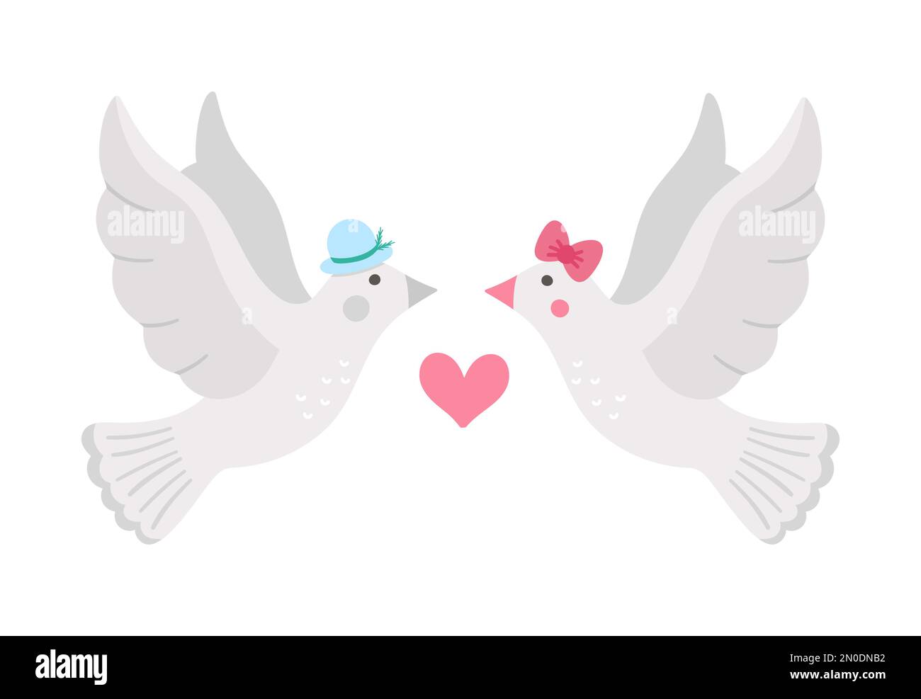 Vector cute doves pair. Loving couple illustration. Love relationship or family concept. Romantic birds isolated on white background. Funny Valentine’ Stock Vector