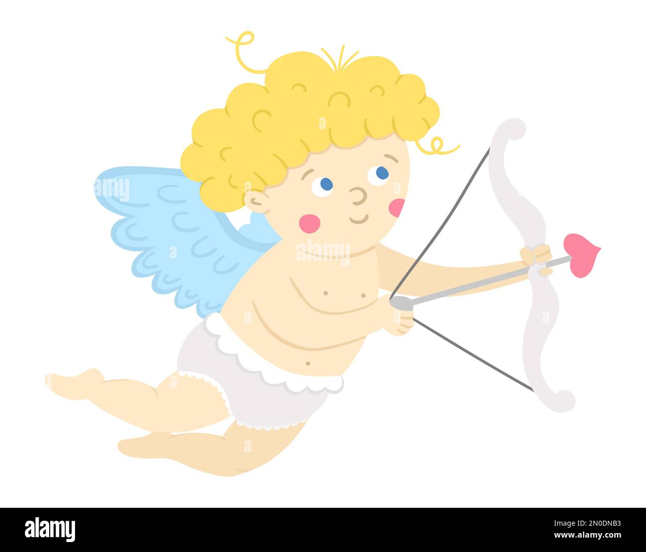 Vector cupid shooting from bow with arrow. Funny Valentine’s day character. Flying love angel with spread wings. Playful cherub icon isolated on white Stock Vector