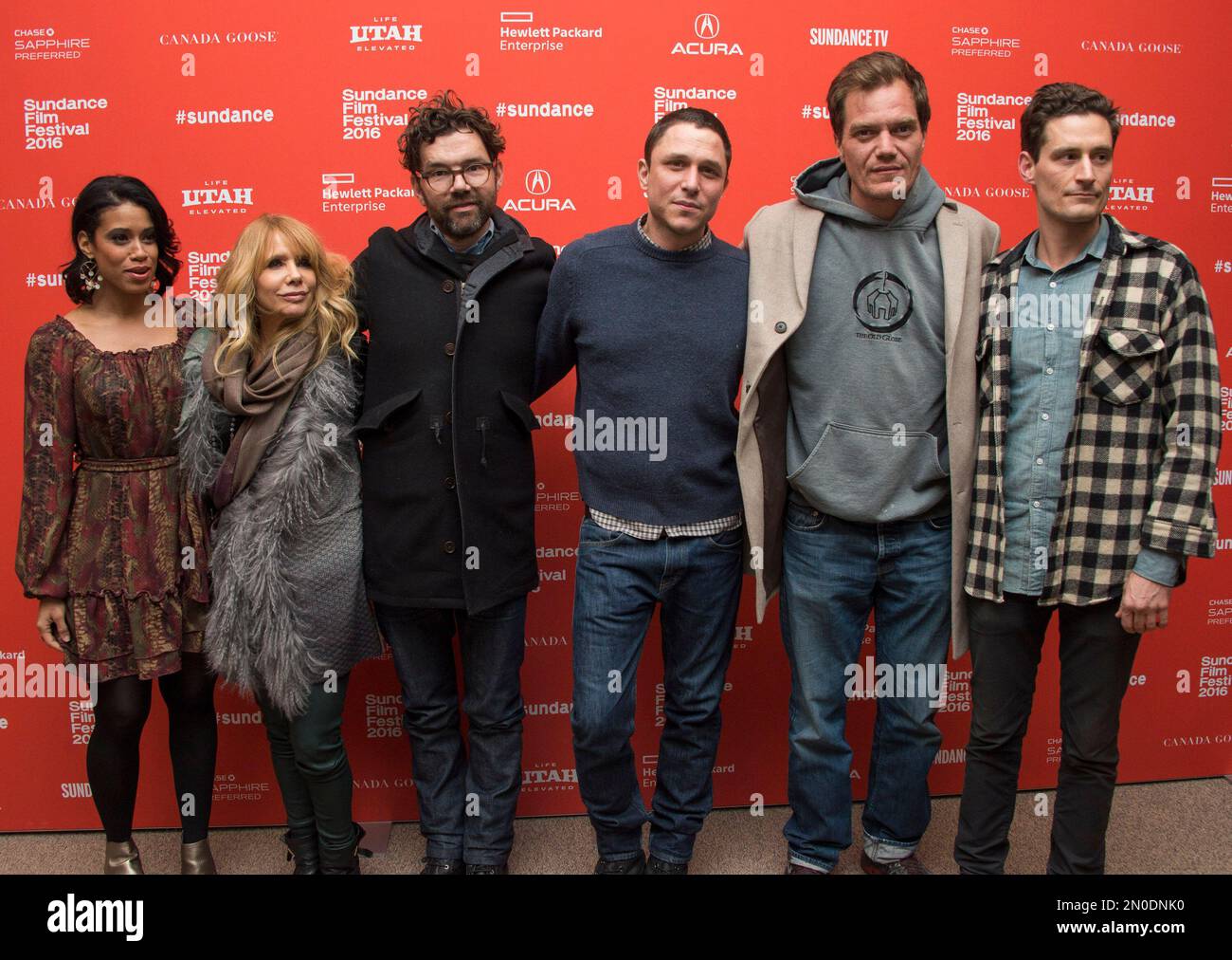 From left, actresses Amy Argyle and Rosanna Arquette, producer Jay Van Hoy, writer/director Matthew M. Ross, actor Michael Shannon and producer John Baker pose at the premiere of "Frank & Lola" during the 2016 Sundance Film Festival on Wednesday, Jan. 27, 2016, in Park City, Utah. (Photo by Arthur Mola/Invision/AP) Stock Photo