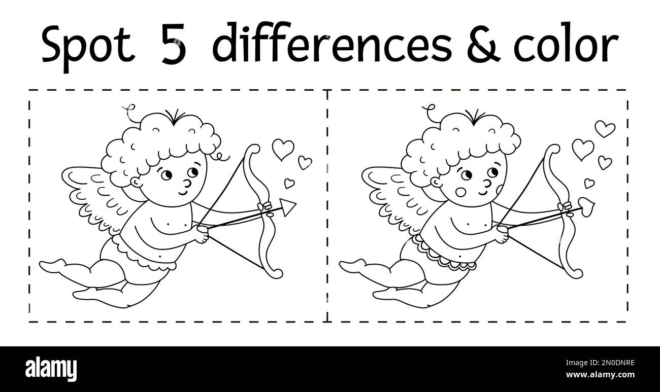 Saint Valentine day find differences game for children. Holiday black and white educational activity and coloring page with funny cupid with bow and a Stock Vector