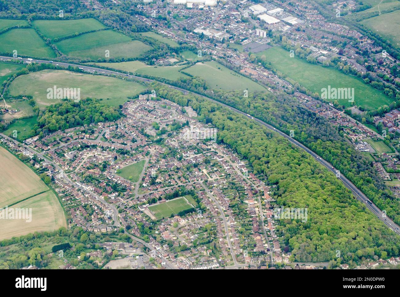 Aerial view of the Flackwell Heath district of High Wycombe in Buckinghamshire on a Spring afternoon.  The area has many sport facilities including a Stock Photo