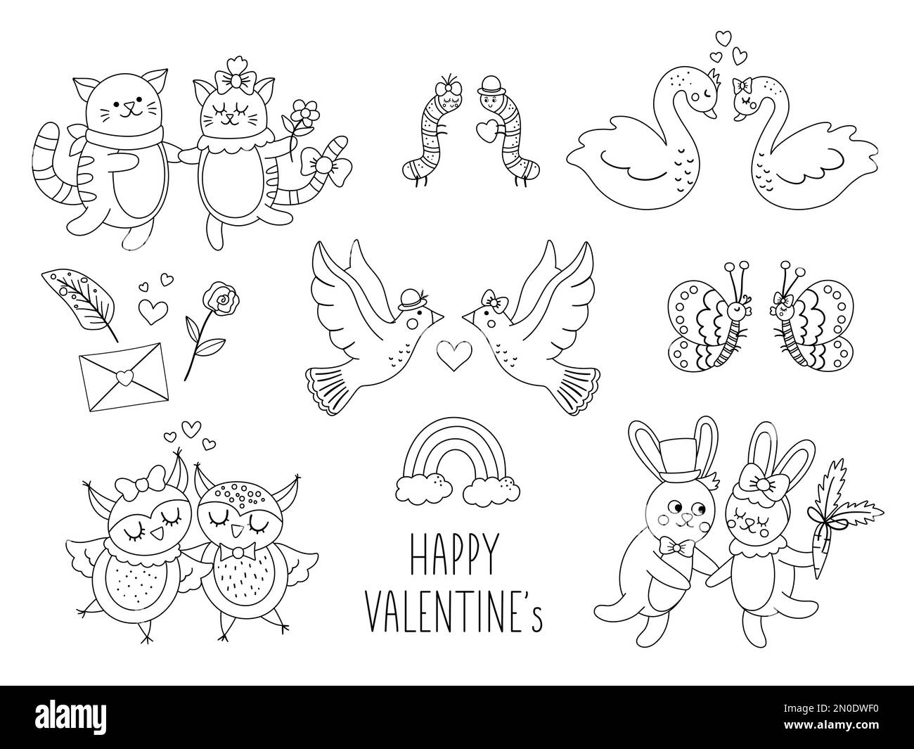 Vector collection of cute black and white animal pairs. Loving couples illustration. Love relationship or family outline concepts set. Hugging swans, Stock Vector