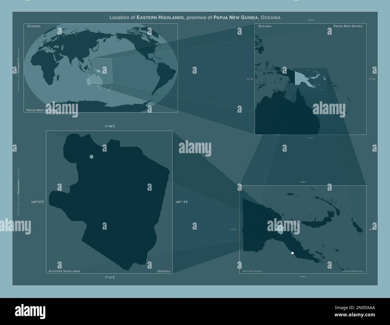 Eastern Highlands, province of Papua New Guinea. Diagram showing the location of the region on larger-scale maps. Composition of vector frames and PNG Stock Photo