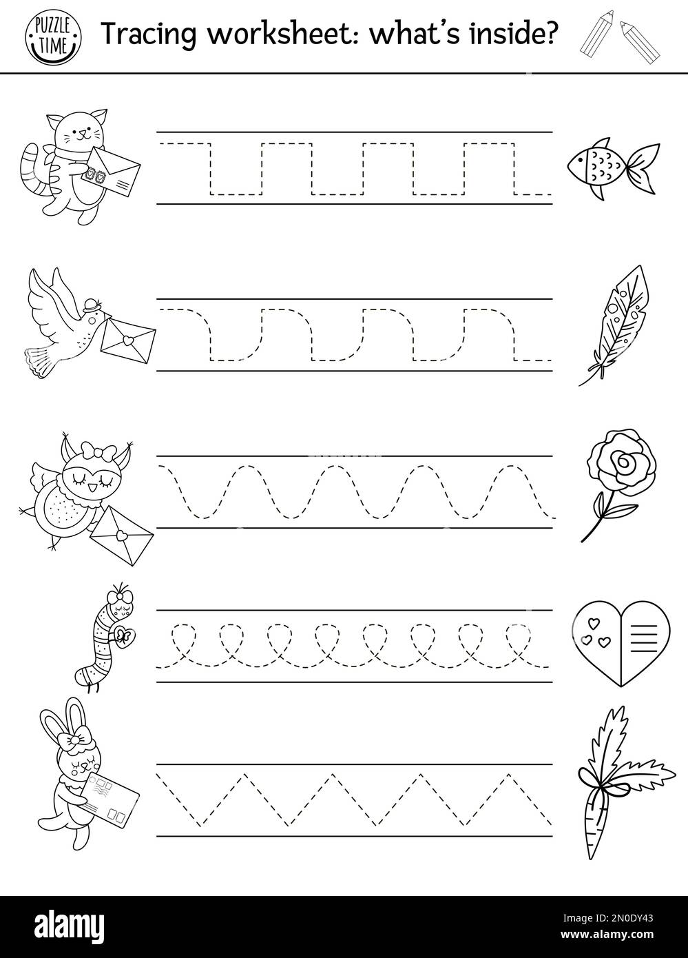 Vector Saint Valentine handwriting practice worksheet. February printable black and white activity for preschool children. Educational tracing game fo Stock Vector