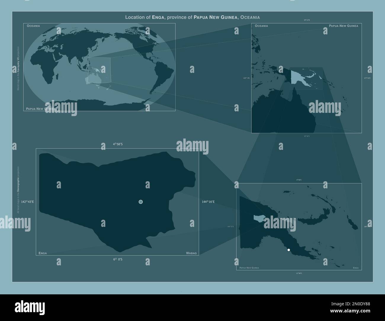 Enga, province of Papua New Guinea. Diagram showing the location of the region on larger-scale maps. Composition of vector frames and PNG shapes on a Stock Photo