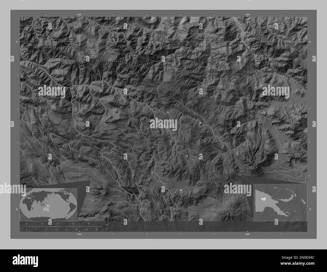 Enga, province of Papua New Guinea. Grayscale elevation map with lakes and rivers. Corner auxiliary location maps Stock Photo