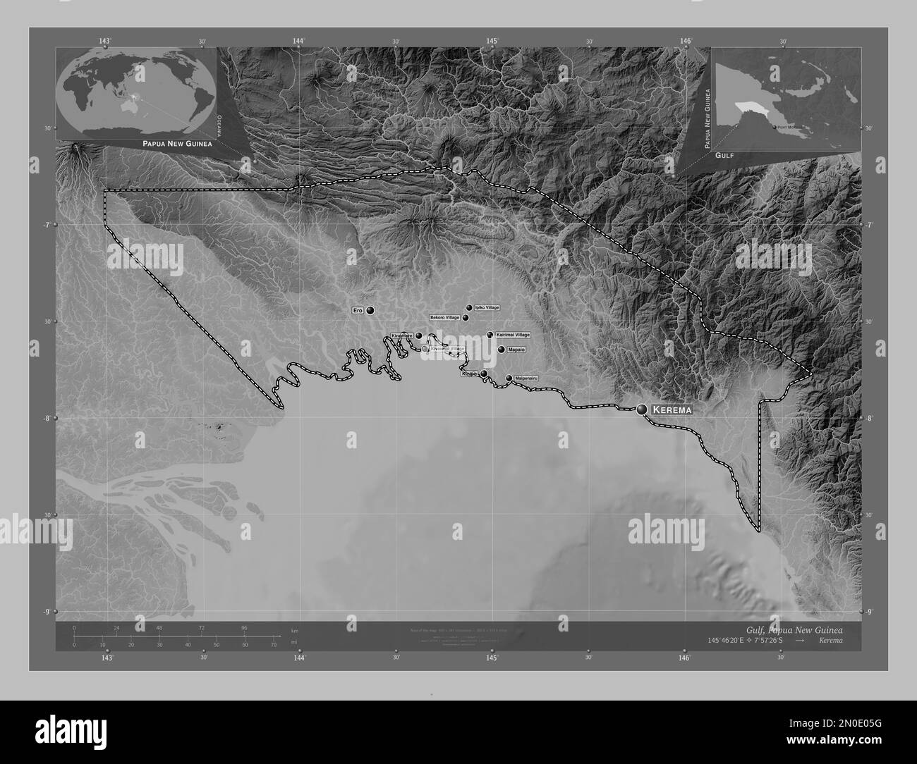 Gulf, province of Papua New Guinea. Grayscale elevation map with lakes and rivers. Locations and names of major cities of the region. Corner auxiliary Stock Photo