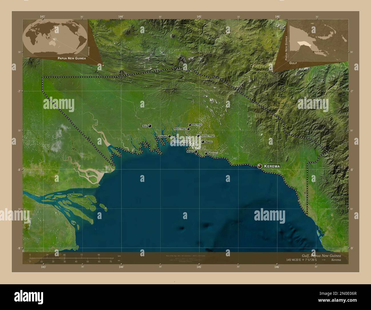 Gulf, province of Papua New Guinea. Low resolution satellite map. Locations and names of major cities of the region. Corner auxiliary location maps Stock Photo