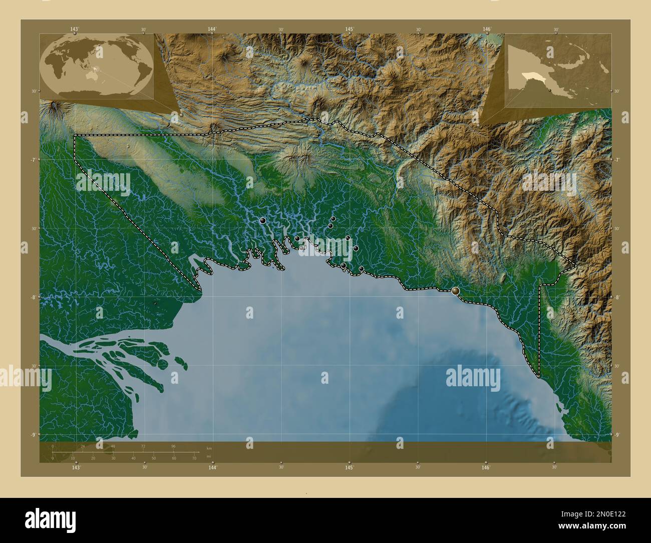 Gulf, province of Papua New Guinea. Colored elevation map with lakes and rivers. Locations of major cities of the region. Corner auxiliary location ma Stock Photo