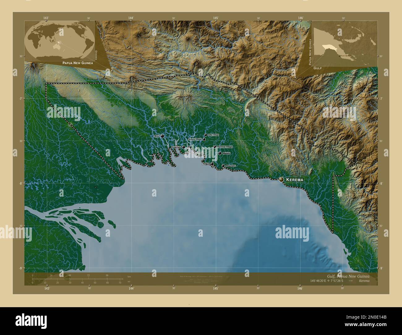 Gulf, province of Papua New Guinea. Colored elevation map with lakes