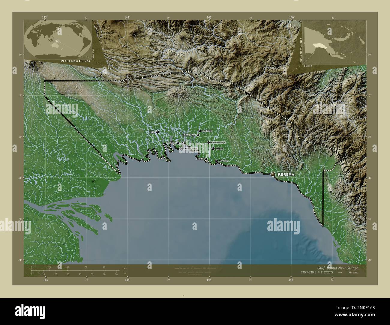 Gulf, province of Papua New Guinea. Elevation map colored in wiki style with lakes and rivers. Locations and names of major cities of the region. Corn Stock Photo