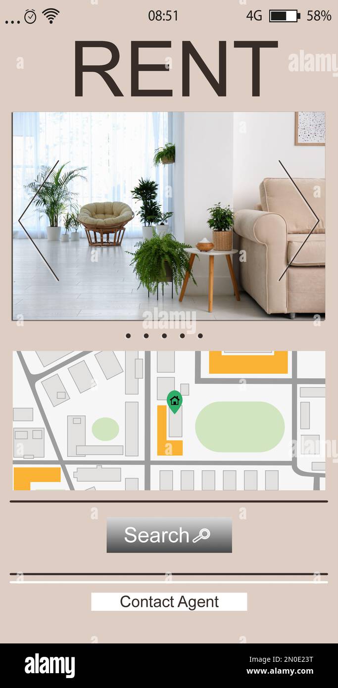 Property search agency application. Rental information photo of living