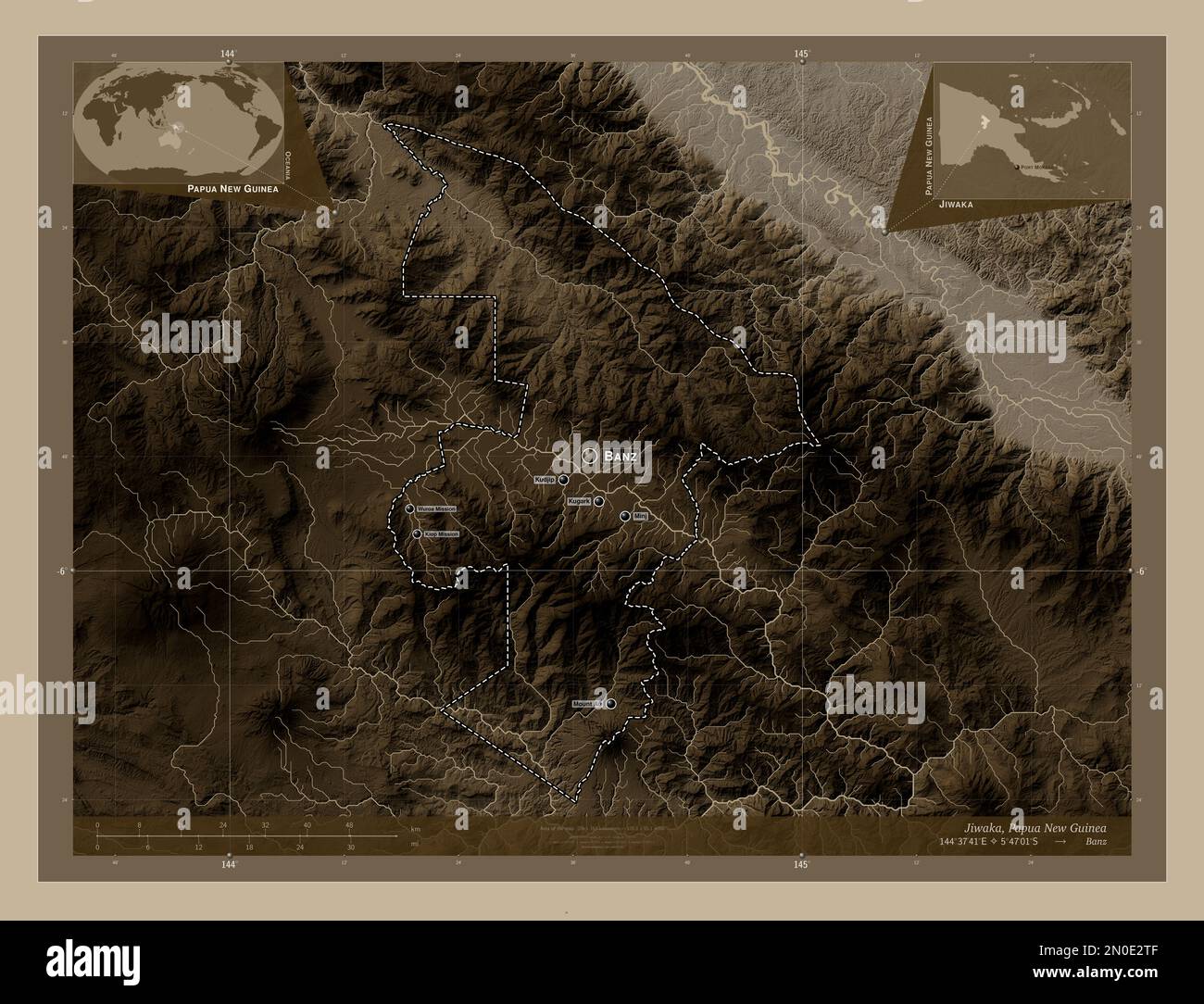 Jiwaka, province of Papua New Guinea. Elevation map colored in sepia tones with lakes and rivers. Locations and names of major cities of the region. C Stock Photo