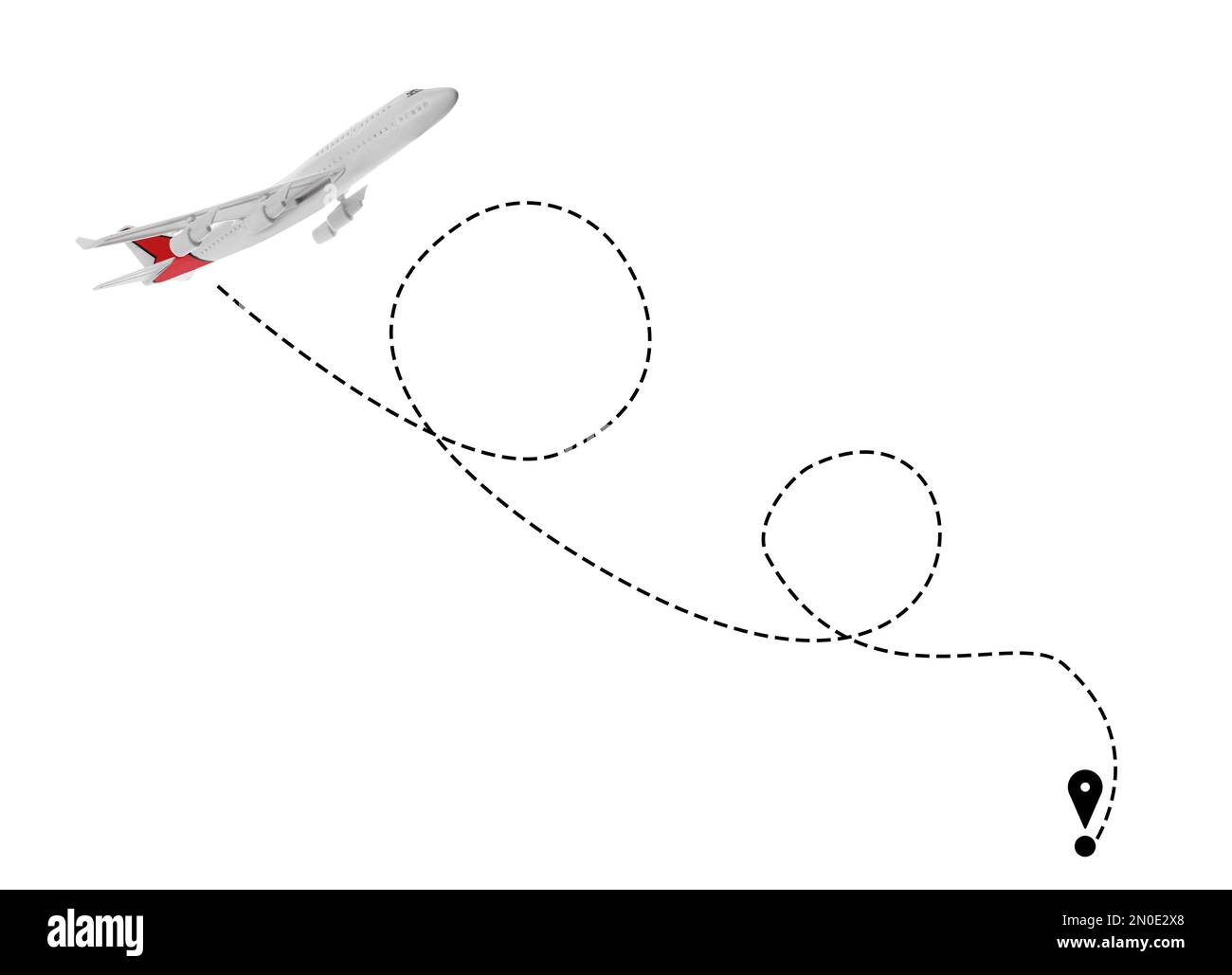 Flight direction illustration. Plane and pin connected by dashed line