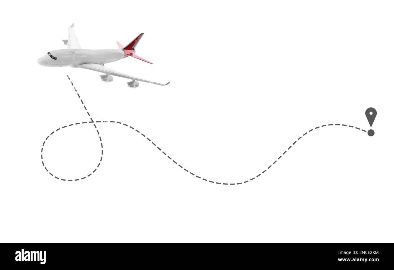 Flight direction illustration. Plane and pin connected by dashed line on white background Stock Photo