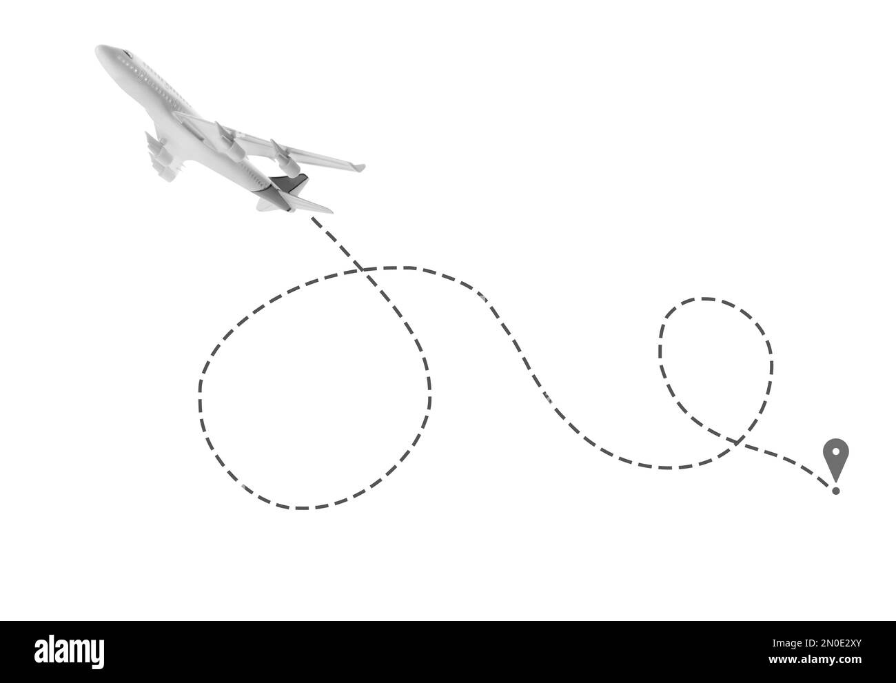 Flight direction illustration. Plane and pin connected by dashed line