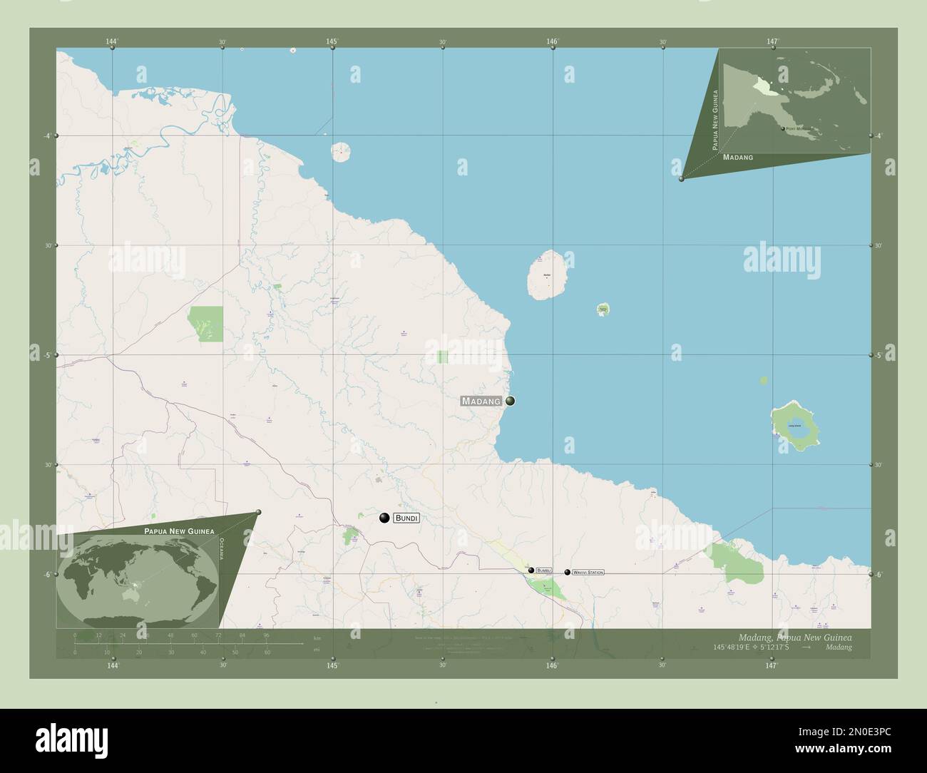 Madang, province of Papua New Guinea. Open Street Map. Locations and