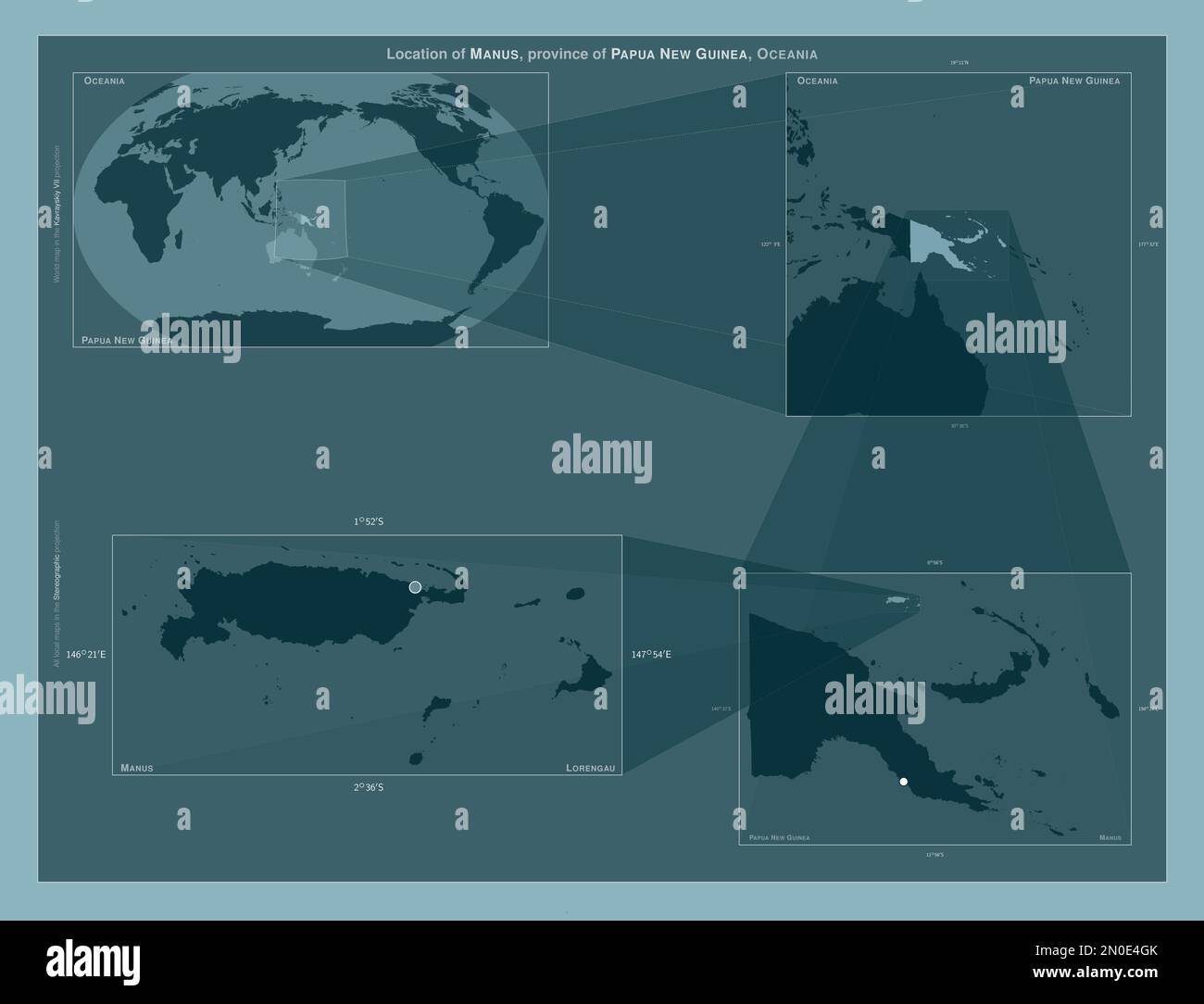 Manus, province of Papua New Guinea. Diagram showing the location of the region on larger-scale maps. Composition of vector frames and PNG shapes on a Stock Photo