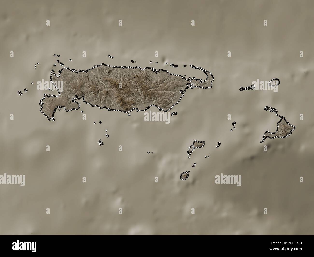 Manus, province of Papua New Guinea. Elevation map colored in sepia tones with lakes and rivers Stock Photo