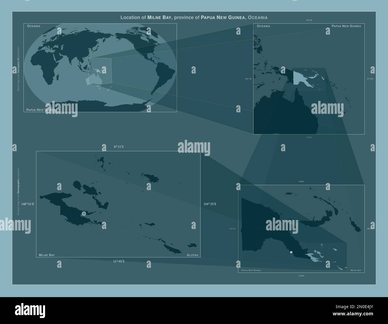 Milne Bay, province of Papua New Guinea. Diagram showing the location of the region on larger-scale maps. Composition of vector frames and PNG shapes Stock Photo