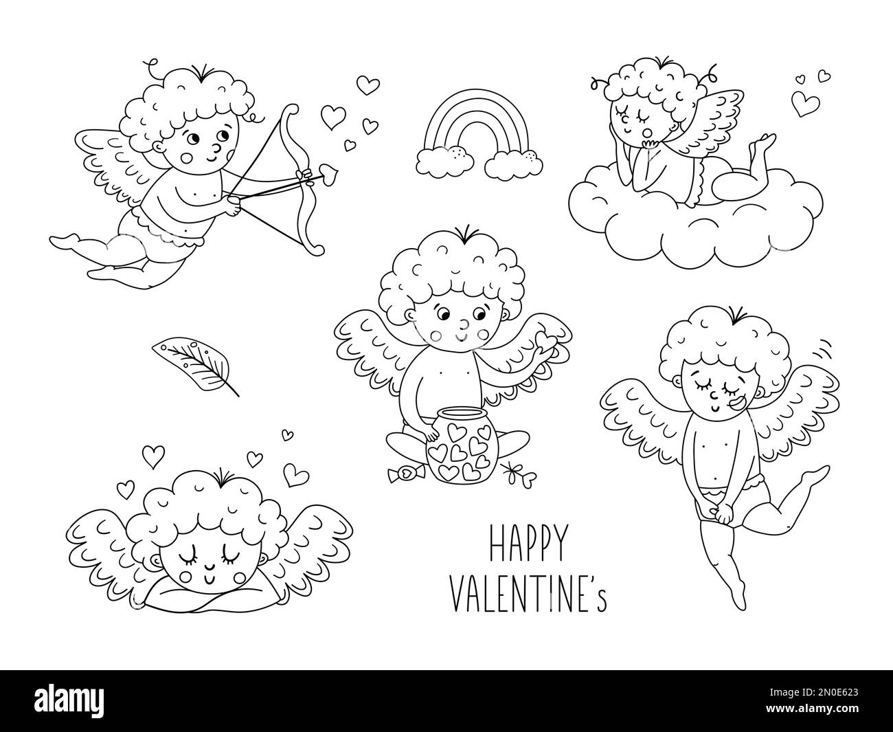 Vector collection of cute black and white cupids. Set with funny outline Valentine’s day characters. Line art love angels with wings, bow and arrow, l Stock Vector