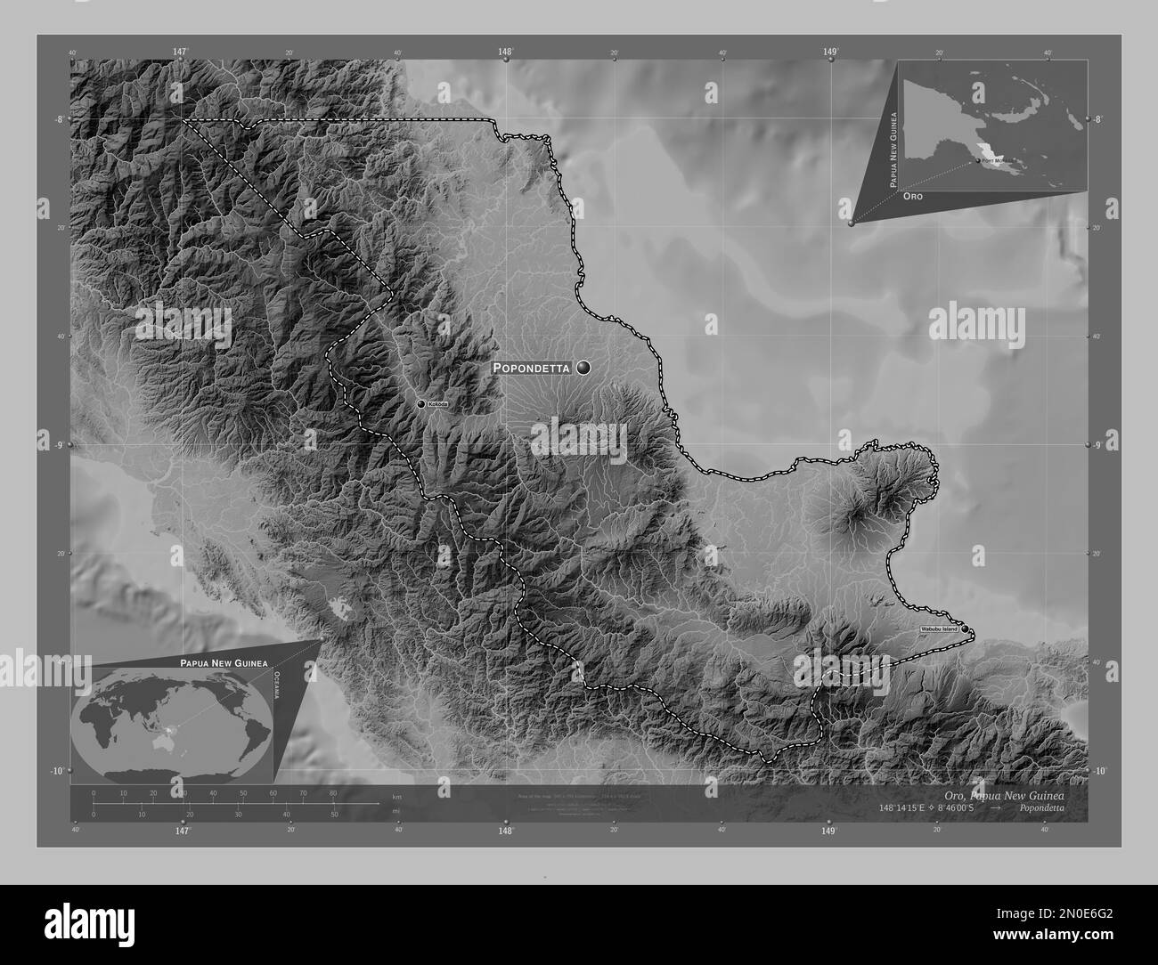 Oro, province of Papua New Guinea. Grayscale elevation map with lakes