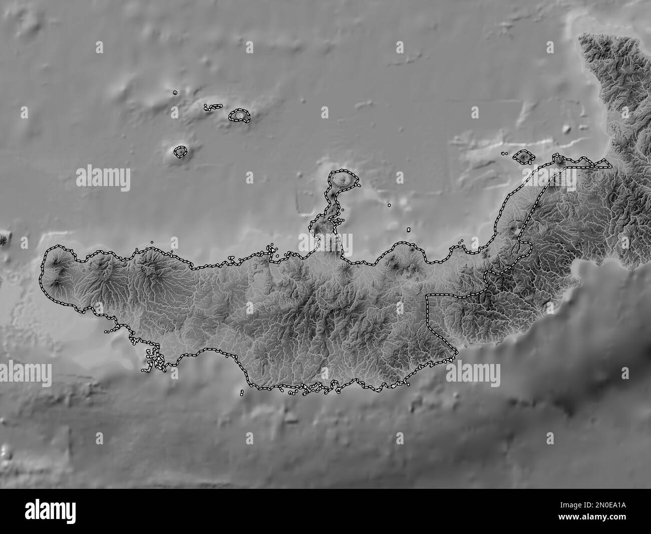 West New Britain, province of Papua New Guinea. Grayscale elevation map