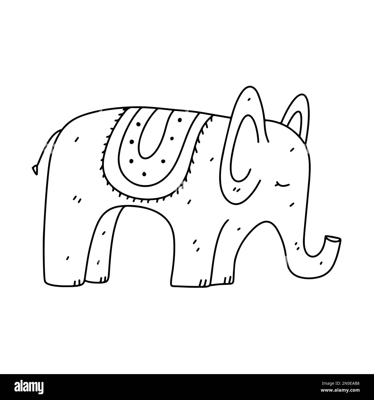 Funny elephant hand drawn doodle style. Isolated on white background. Coloring page Stock Vector
