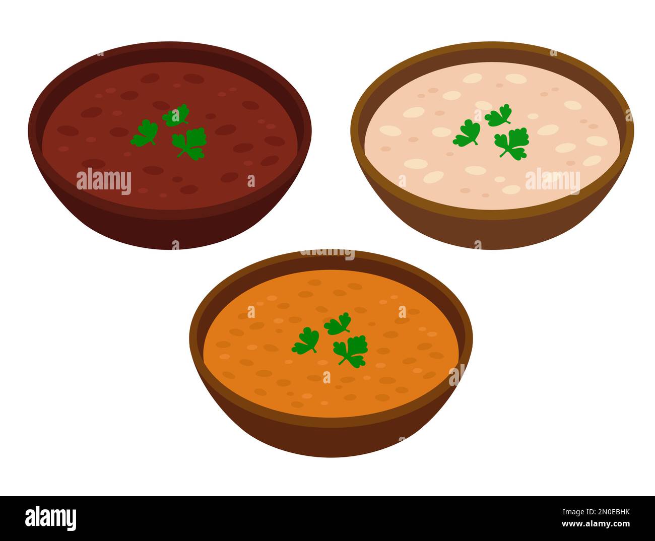 Red bean, white bean and lentil soup bowl set. Vegetarian legume stew drawing. Cartoon vector clip art illustration. Stock Vector