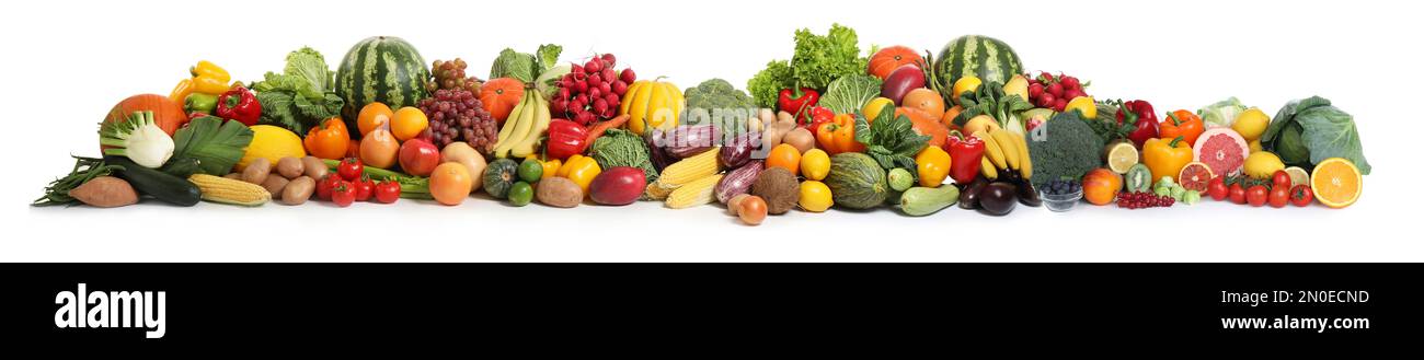 Collection of fresh organic vegetables and fruits on white background