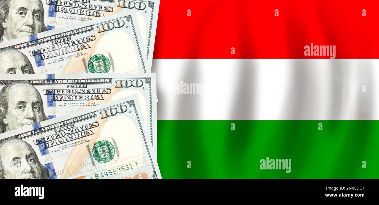 Dollars on flag of Hungary, Hungarian finance, subsidies, social support, GDP concept Stock Photo