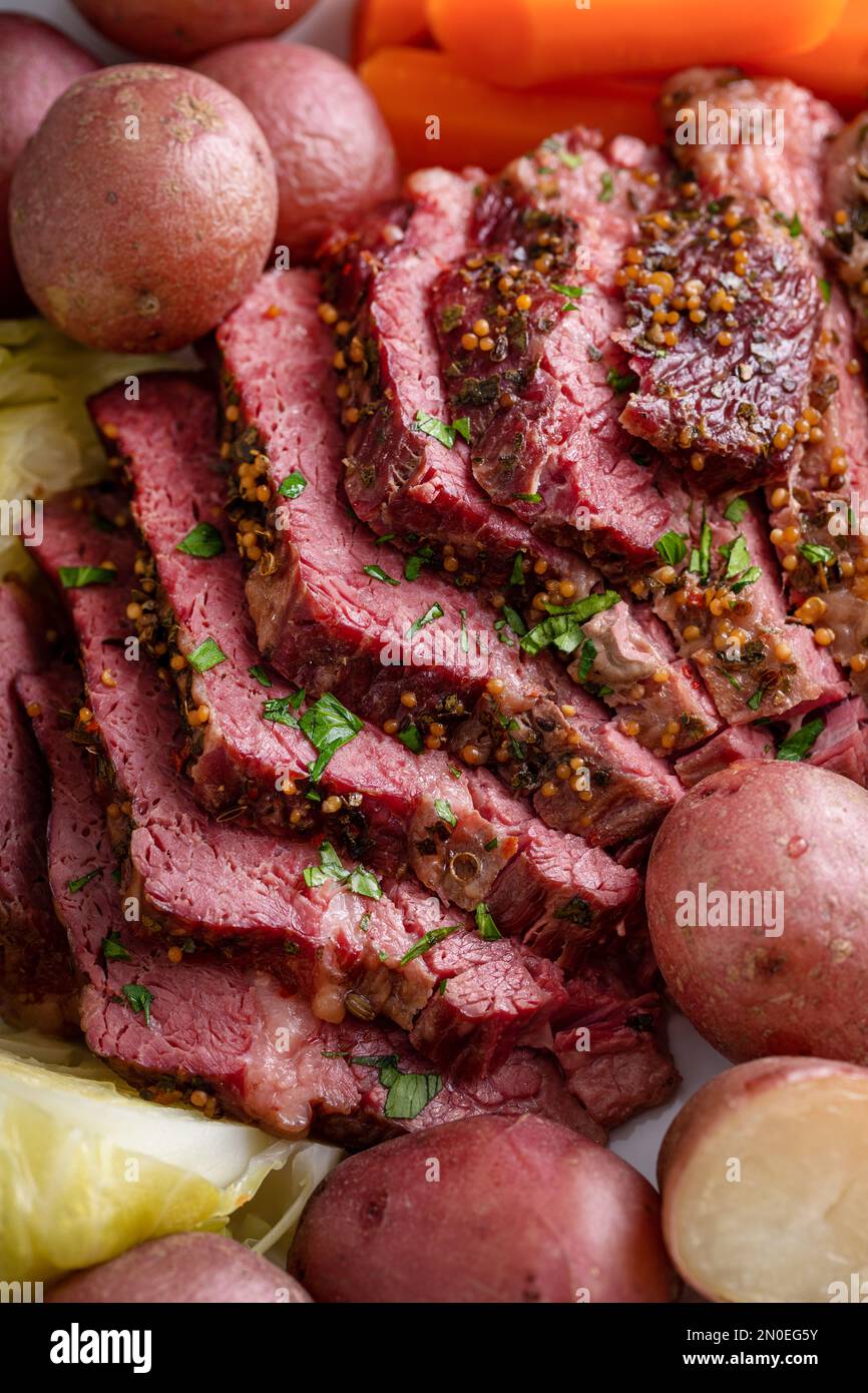 Corned beef with cabbage and potatoes on a serving platter, irish