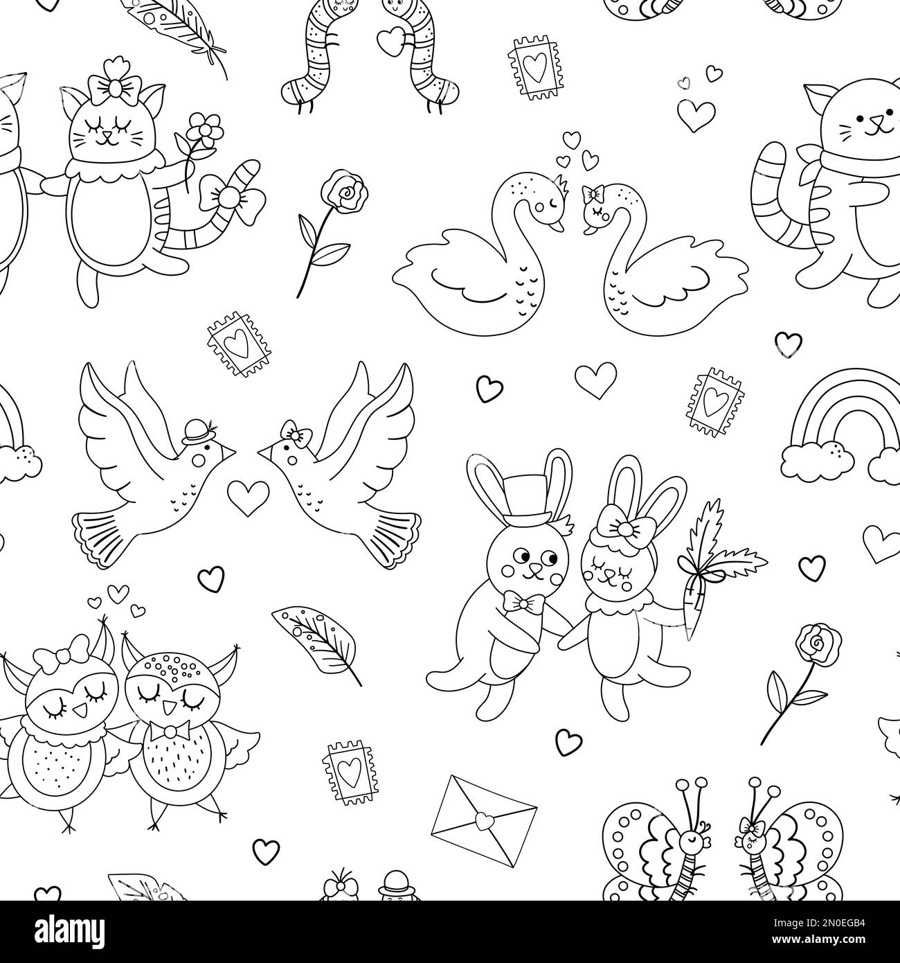 Vector black and white seamless pattern with cute animal pairs. Repeating background with loving couples. Love relationship concepts digital paper. Li Stock Vector