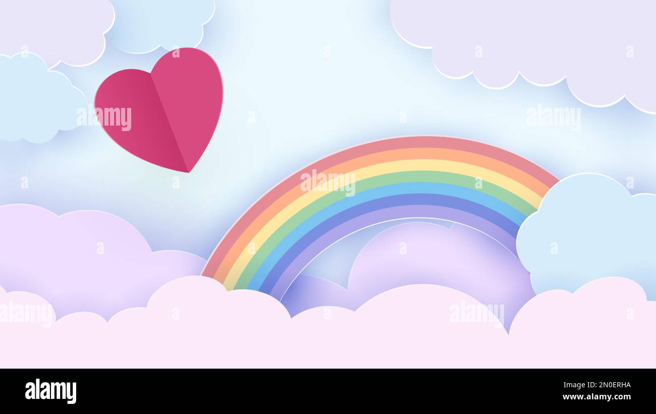 Valentine s day background with a heart flying through the clouds ...