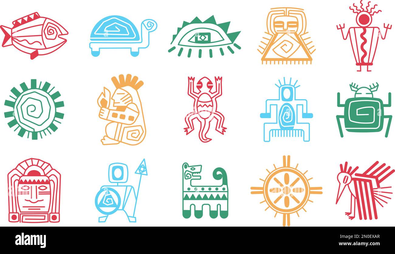 Maya aztec totem isolated symbols. Mexican signs, sun, turtle, tiki heads. Indigenous indian tribal god icons. Abstract chameleon, decent vector set Stock Vector